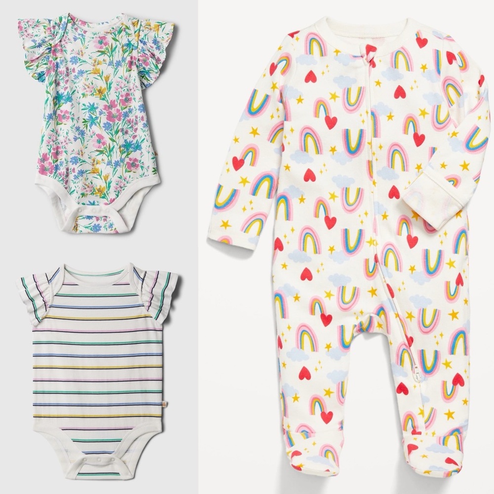 Gap Ruffle Bodysuits & Old Navy Rainbow Footed Sleeper Baby Girl Bundle 3-6M NWT